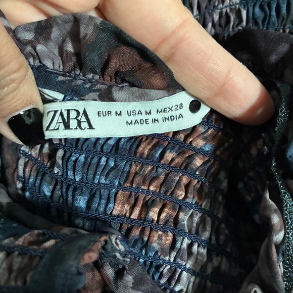 ZARA Womens Smocked Floral Mini Dress Blue Brown Ruffle High Neck Size M - Picture 4 of 7